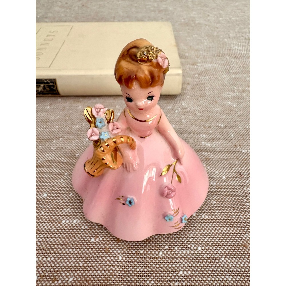 Vintage Josef Originals May Flowers Pink Dress Gold Basket Girl Figurine